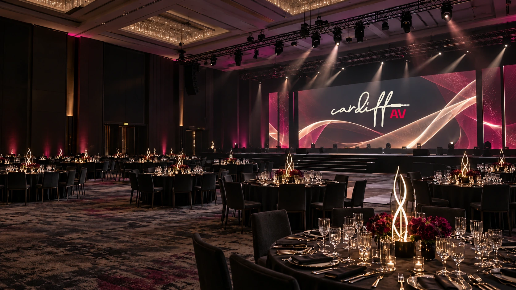 Concept for an awards gala with LED stage screens, professional lighting and illuminated table centrepieces