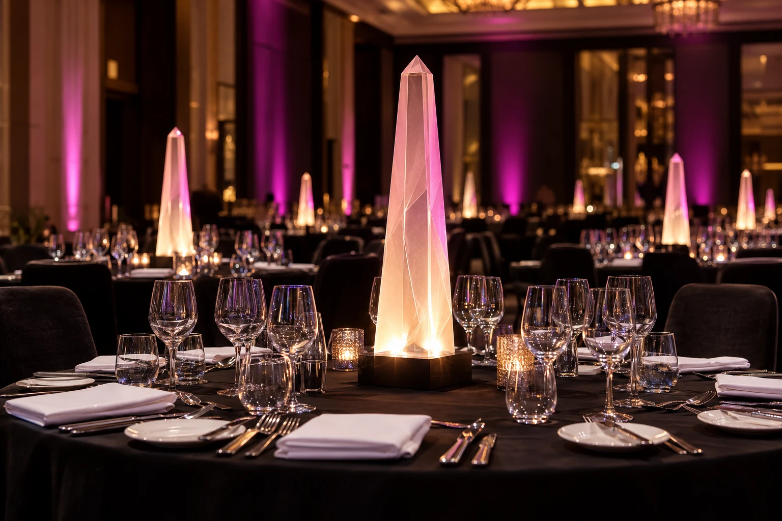 Concept of an illuminated sculptural centrepiece on a corporate dinner table